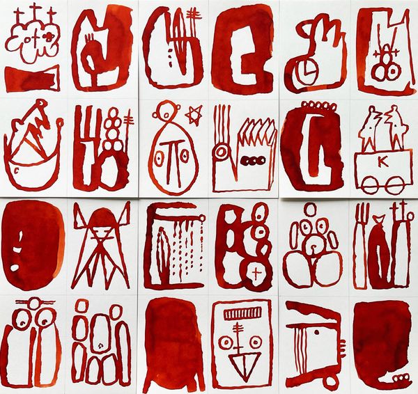 Series of female figures, red ink on white card stock (1992) - Artwork by Reto Visini